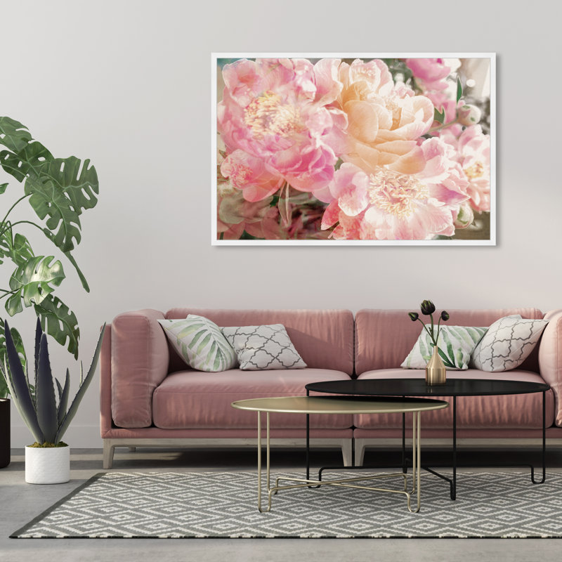 Fleurs roses, pivoines, impression sur papier, Cadre blanc, H 38 po x l 56 po