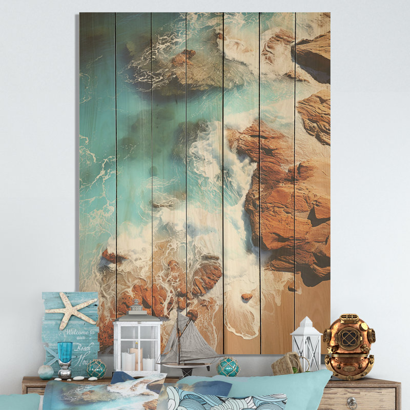 Aérien, tranquillité, plages tropicales en bleu ciel I - plage sur bois, H 44 po x l 34 po
