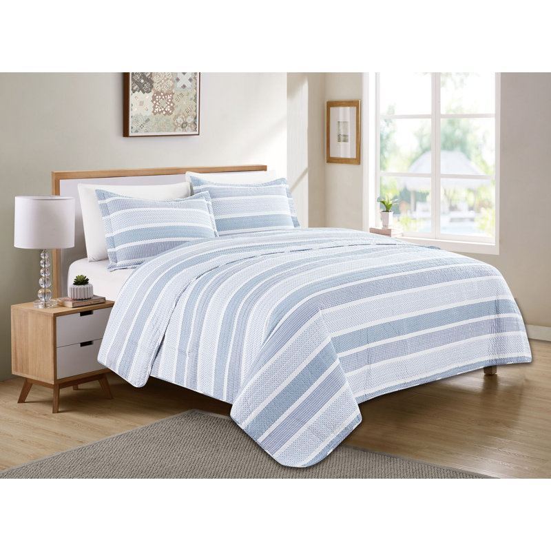 Polyester Striped Quilt, King/Cal. King Quilt + 2 Shams, Blue