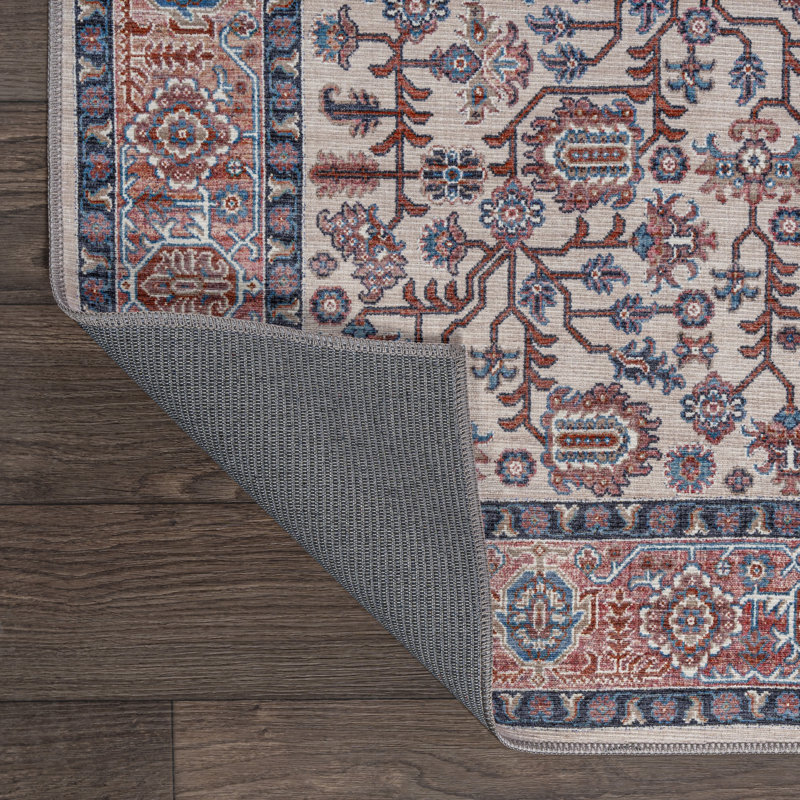 Tapis persan lavable à la machine beige / rouge / bleu Kemer, Rectangle 7 pi 10 po x 10 pi