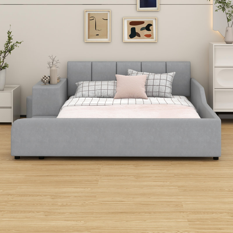 Lit plateforme tapissier avec rangement Leavie, gris, Grand