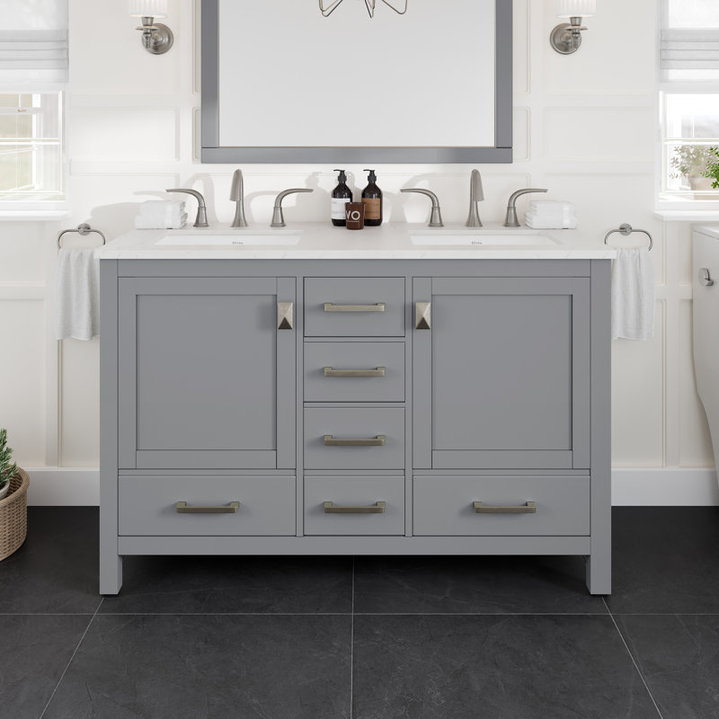 Aberdeen Meuble-lavabo double gris avec comptoir en quartz de Carrare et lavabos en porcelaine encastrés