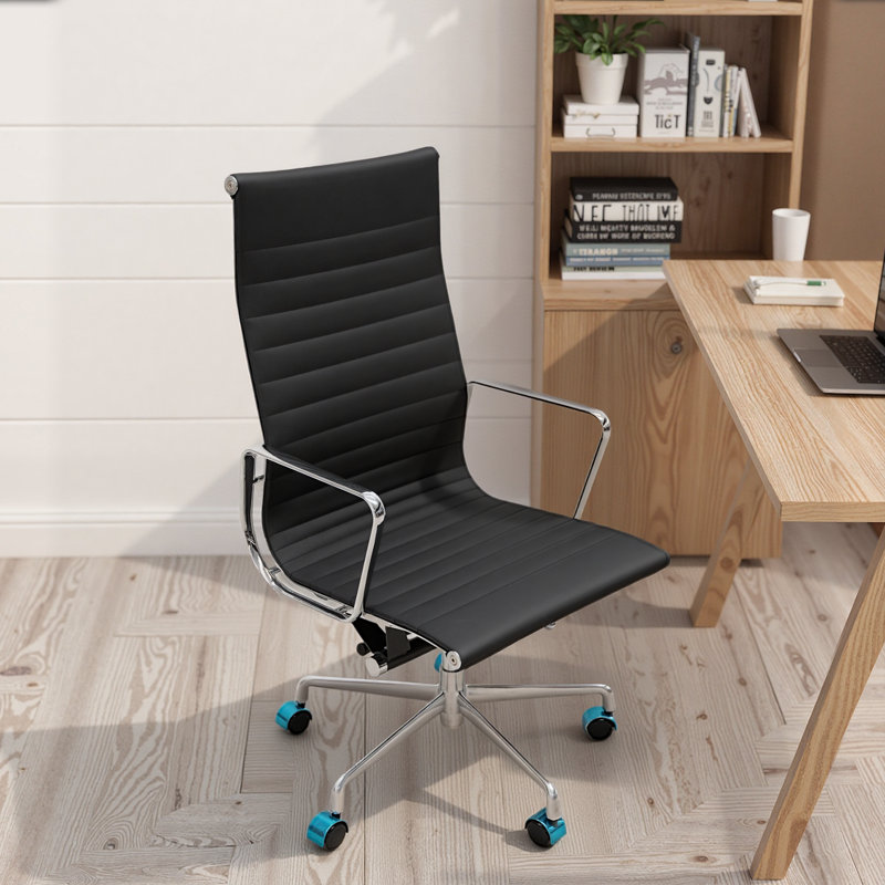 High Back Genuine Leather Adjustable Swivel Office Conference Chairs with Aluminum Base, Black, 24