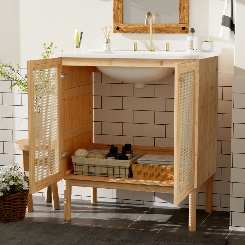 Meuble-lavabo de salle de bain de 76 cm avec portes - Fabrication artisanale, fini durable, tissé à la main, aménagement de construction