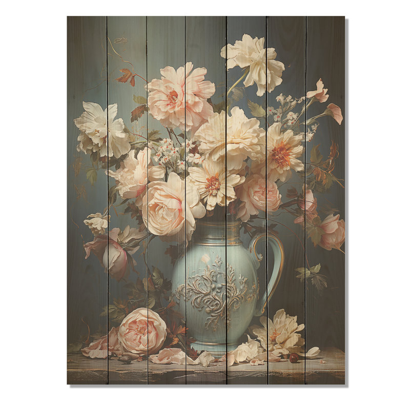 Poterie florale rose rococo raffinée - poterie bohème sur bois, H 44 po x l 34 po