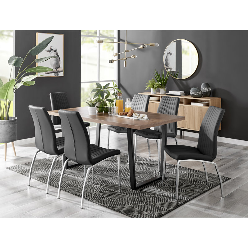 Edward Wood Effect Pedestal Dining Table Set with 6 Luxury Faux Leather Dining Chairs, Black