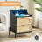 RGB LED Nightstand with Outlets & USB - Adjustable Color Lighting Bedside Table,Rattan Side Table with 2 Drawers Storage