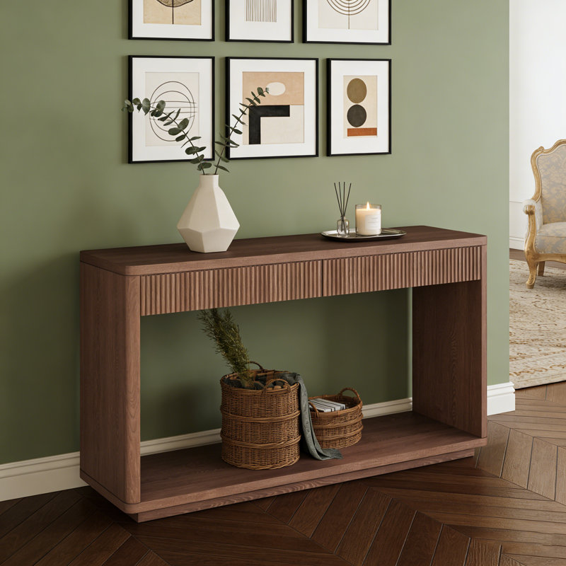 Bravantice cannelé moderne de 60 pouces avec deux tiroirs et une finition en placage de bois naturel pour une utilisation polyvalente à la maison.