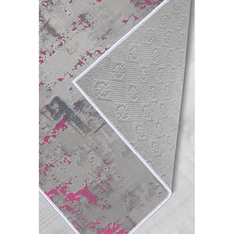Tapis abstrait en polyester tissé à plat à la machine Charon - gris / rose, Rectangle 1 pi 8 po x 2 pi 7 po