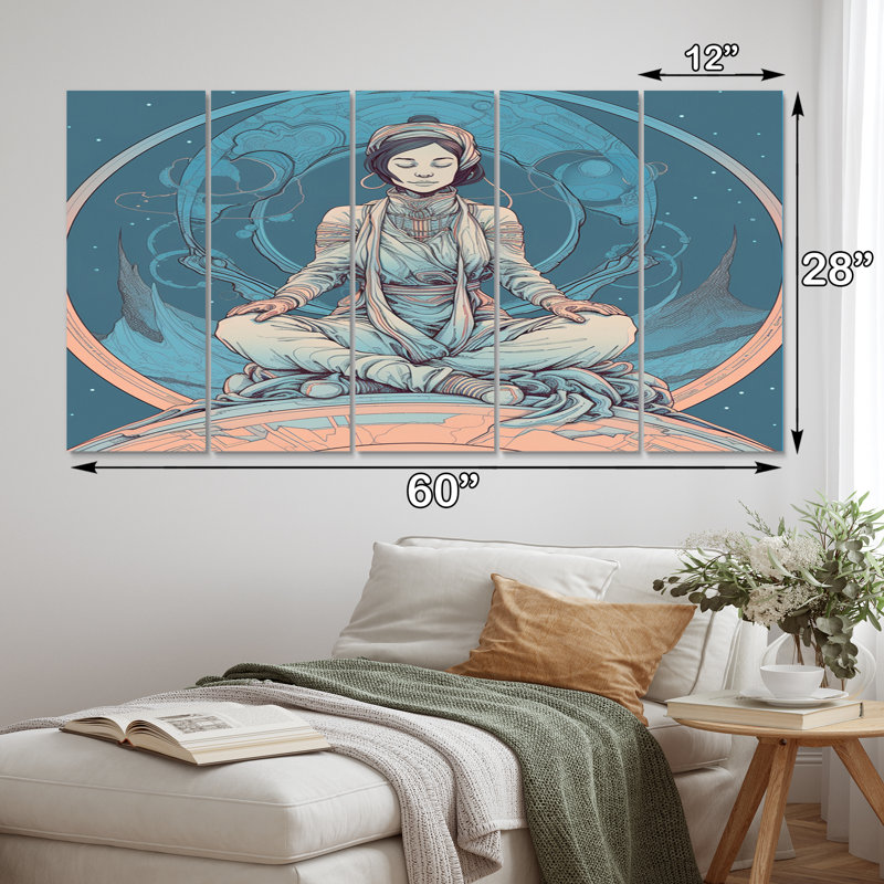 Rétro harmonie de méditation Yogini en bleu délavé - art mural sur toile de yoga - 5 panneaux égaux