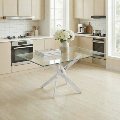Table rectangulaire moderne en verre trempé avec structure en fer, pour une utilisation polyvalente dans n'importe quel espace de vie