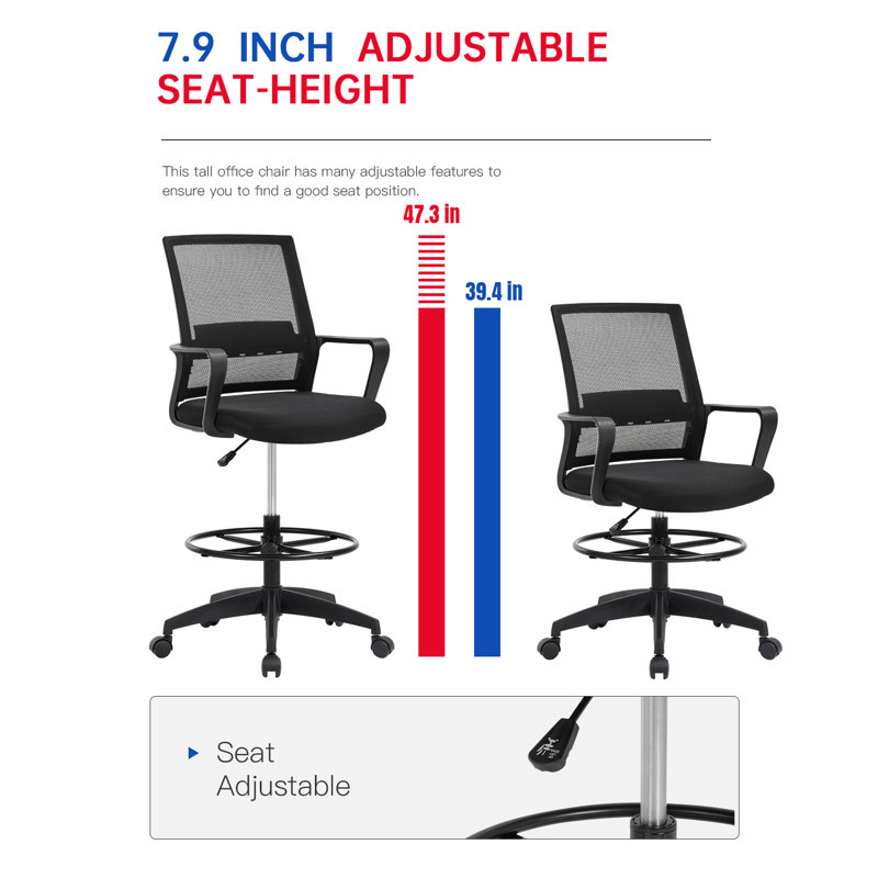 Chaise de dessinateur en mélange de polyester, chaise de travail ergonomique réglable avec anneau pour repose-pieds, bureau, studio et espace de travail