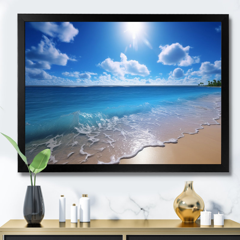 «Sand and Blue Caribbean Sea VI», reproduction d'art sur toile, H 24 po x l 32 po x P 1 po, Cadre simple noir
