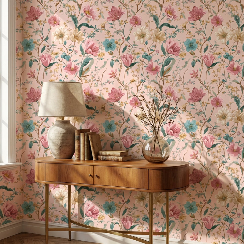 Floral Wallpaper Vintage Pink Wall Mural