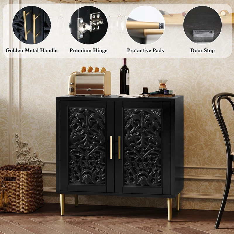 Black Hollow Carved 2-Door Vintage Accent Cabinet