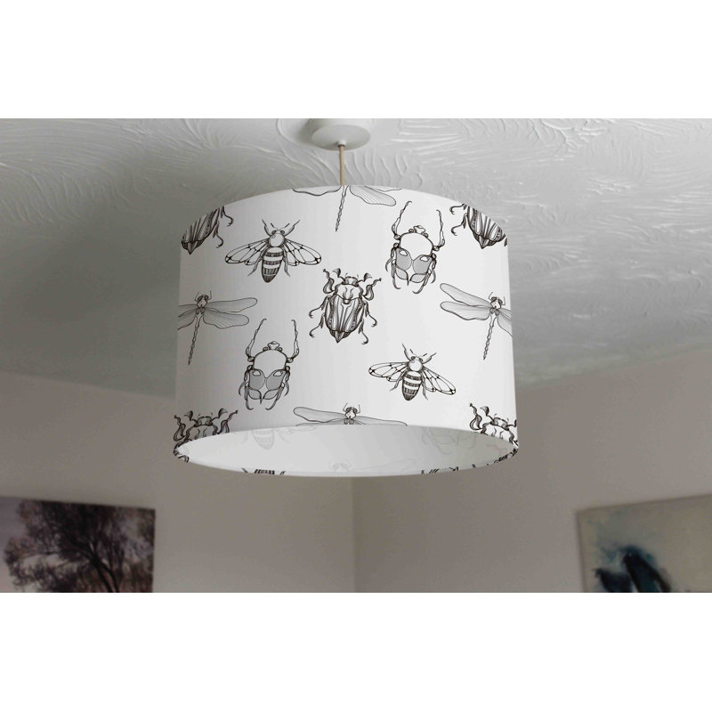Sketch of Scarab Beetle, May Bug, Bee, Dragonfly 25 cm H Drum Cotton Pendant Shade ( Uno )