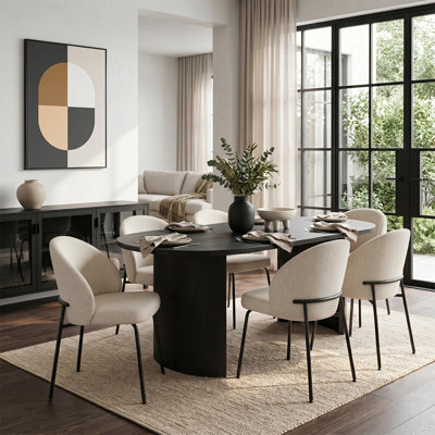 Theodore Modern 79" Black Oval Dining Set For 6 With Upholstered Chairs