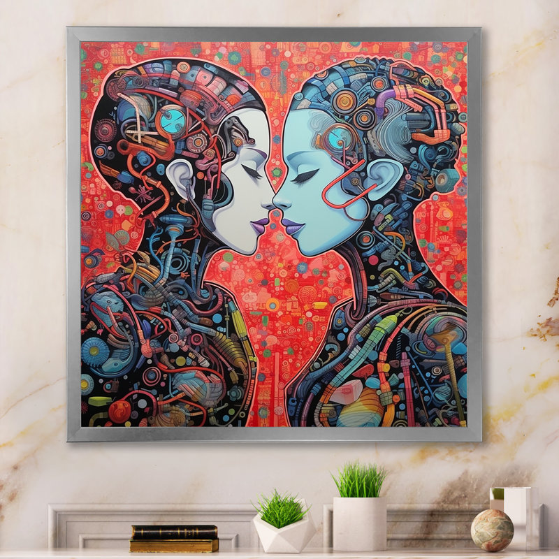 Charmant Robots célébrant l'amour rétro - reproduction sur toile, H 24 po x l 24 po x P 1 po, Cadre simple argenté