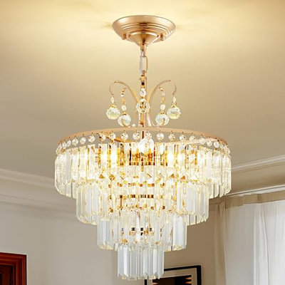 Lustre en cristal à 4 lumières, lustres en cristal doré de 20 po, lustre semi-encastré moderne à 4 niveaux pour salon, salle à manger, cuisine, base E12