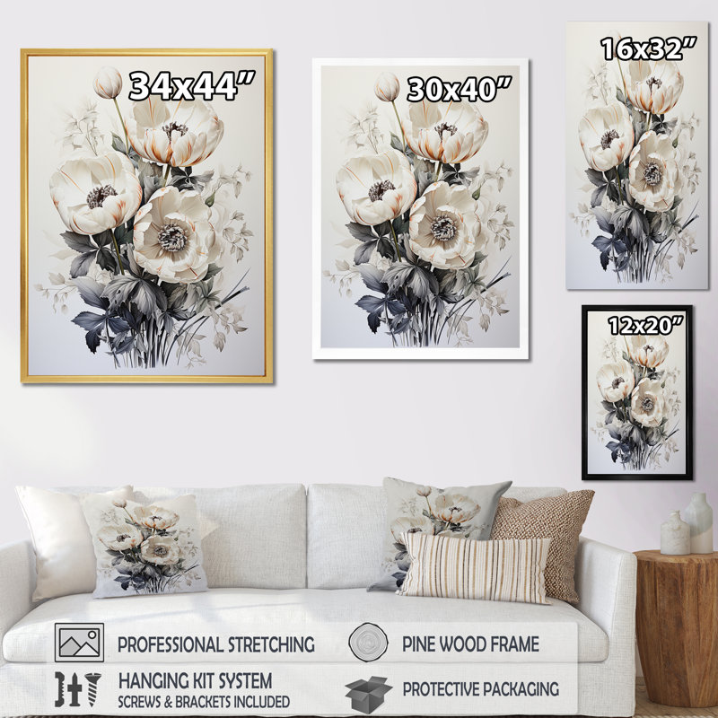 Minimalisme, tulipes blanches, symphonie III sur toile, Cadre simple argenté, H 44 po x l 34 po x P 1,5 po