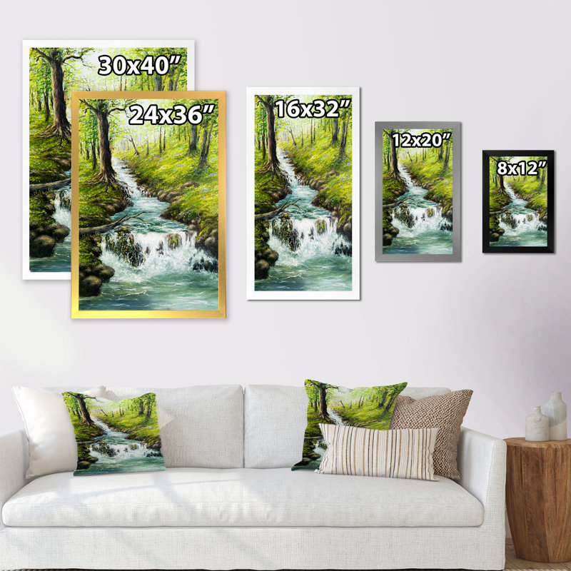 «Spring River Fall In Green Forest», œuvre d'art traditionnelle sur toile, H 20 po x l 12 po x P 1 po, Cadre noir