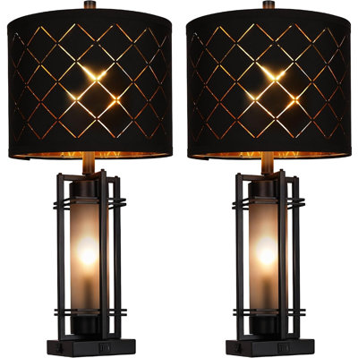 Ensemble de 2 lampes de table modernes avec veilleuse, lampes de chevet à double éclairage avec ports USB-A et USB-C, abat-jour à grille noire, base carrée, interrupteur à bascule, ampoules DEL E26 pour chambre à coucher