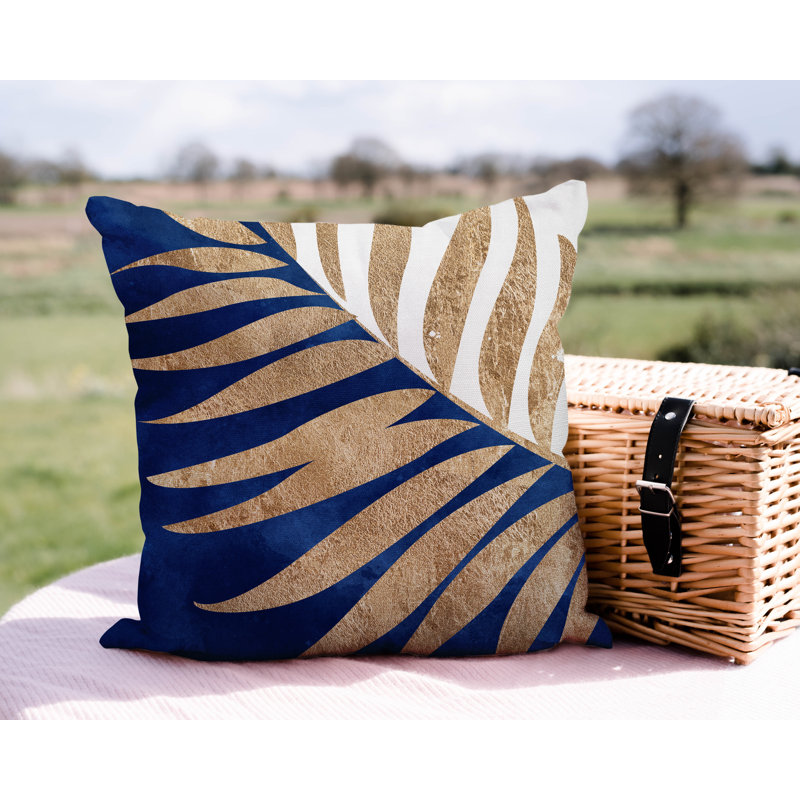 Floral Outdoor Reversible Throw Pillow, 15W" x 15H", Navy Blue/Gold