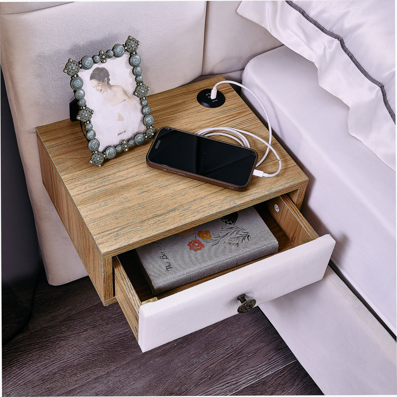 Lit plateforme tapissier hydraulique avec 2 tablettes de rangement, 2 lampes de lecture et port USB, Beige