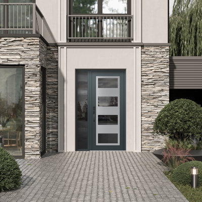 Porte d'entrée avant pré-suspendue à panneaux latéraux en acier argenté anthracite / anthracite avec panneau latéral