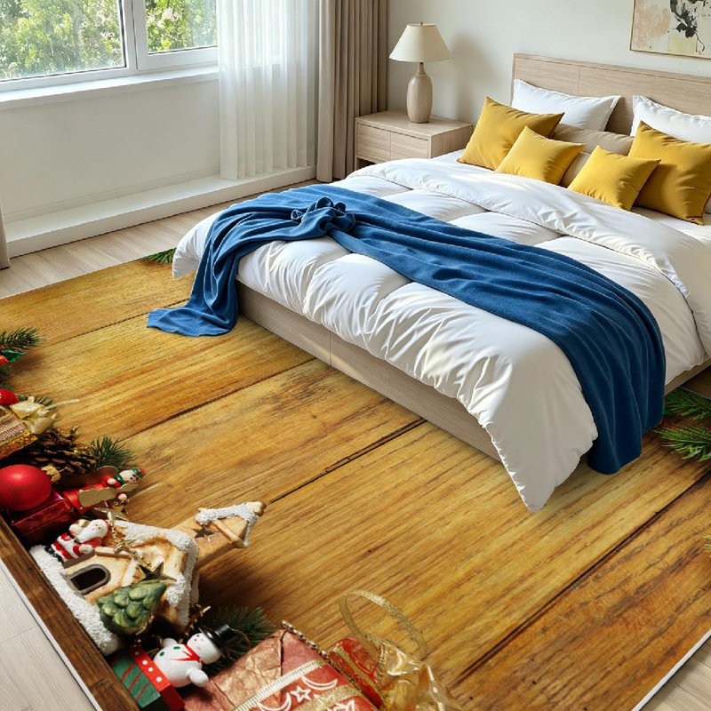 Tapis intérieur rouge lavable à la machine, décor de Noël avec panneau en bois, Rectangle 71 po x 98 po