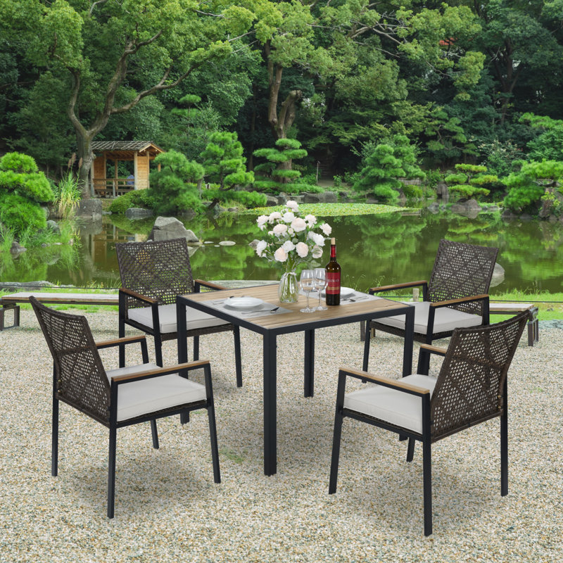 All Weather 5-Piece Patio Dining Table Sets, Beige, Dark Brown