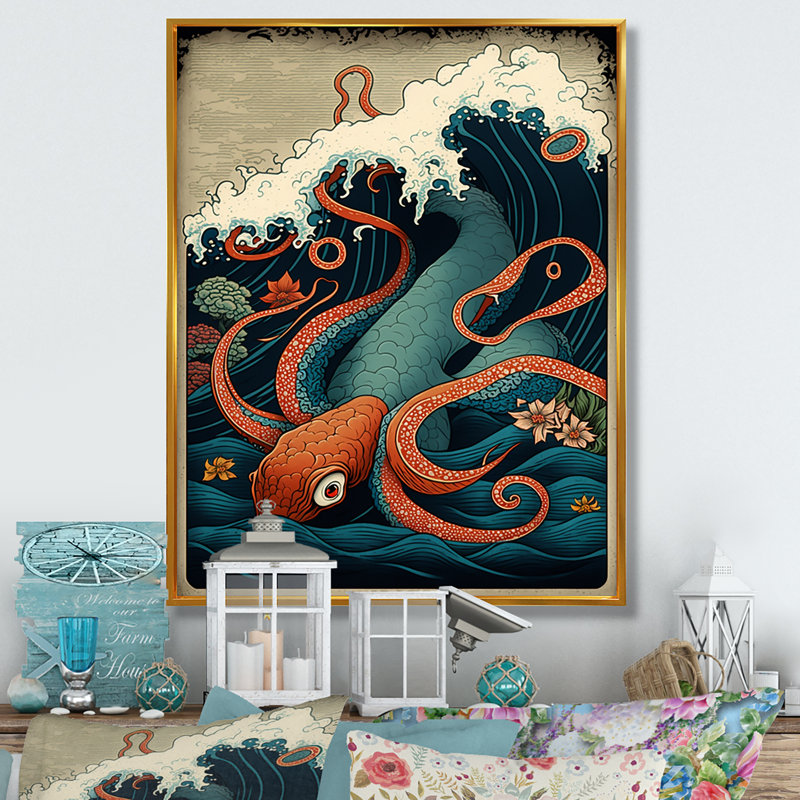 " Japanese Landscape With Octopus II ", 32" H x 16" W x 1" D, Gold Floater Framed  Canvas