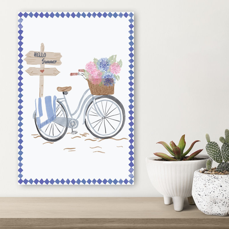 «Hello Summer Bike Contemporary Hydrangea Coastal», reproduction d'art mural, 18" H x 12" W