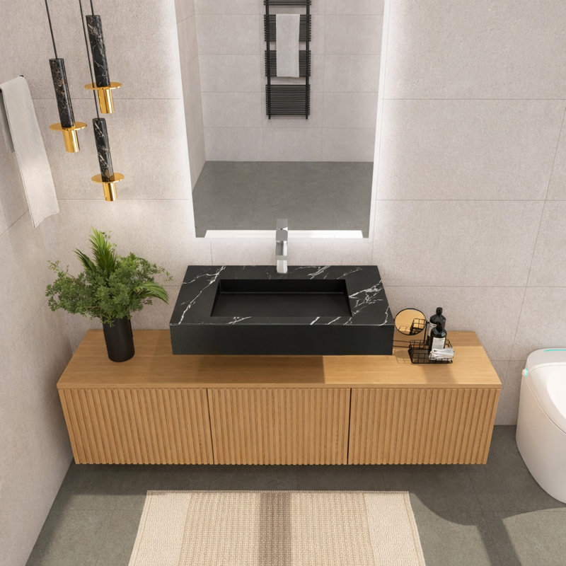 Lavabo de salle de bain mural rectangulaire à surface solide 36 po Pyramid - fini marbre noir - avec trou pour robinet
