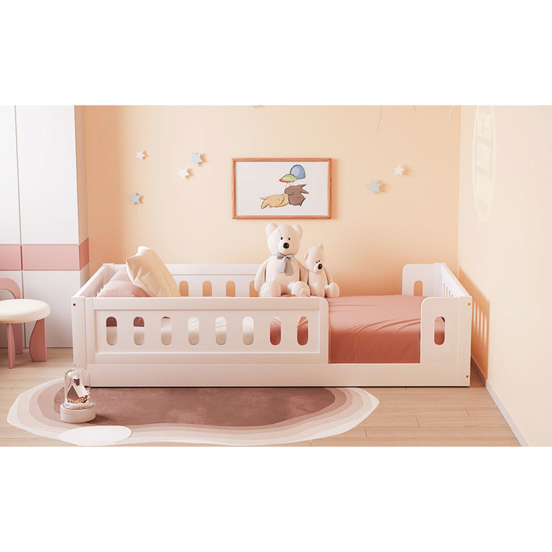 Lit plateforme simple avec garde-corps en bois blanc, Blanc