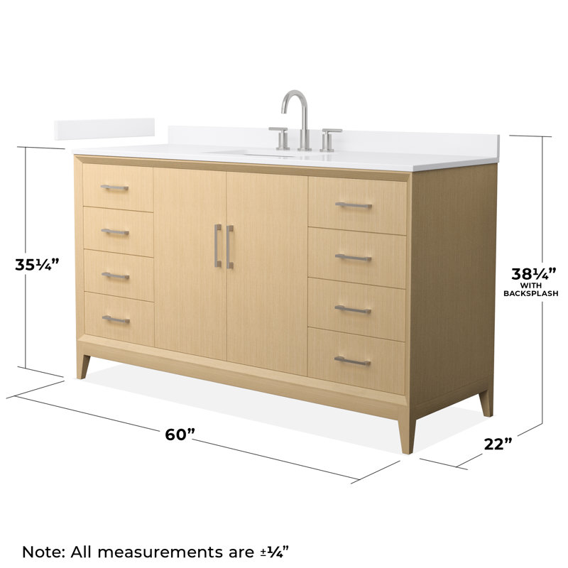 Janna 60" Freestanding Single Bathroom Vanity with Quartz Top, Brushed Nickel, White Quartz, 8" Centers