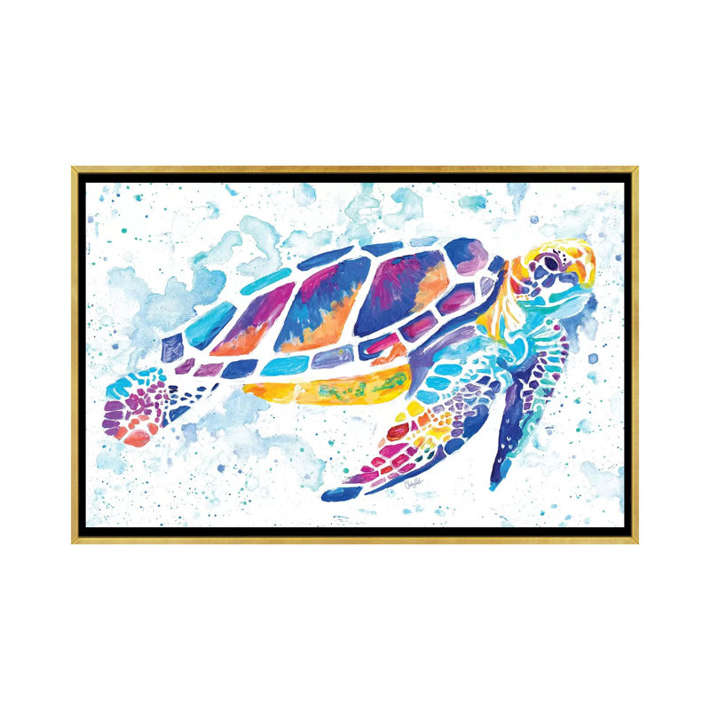 «Vibrant Sea Turtle» par Chelsea Goodrich - impression d'art graphique, Toile encadrée d'or, Aucun mat