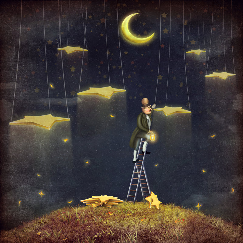 Man Reaching For Stars At Top Of Tall Ladder by Maroznc - Wrapped Canvas Print, 30cm H x 30cm W