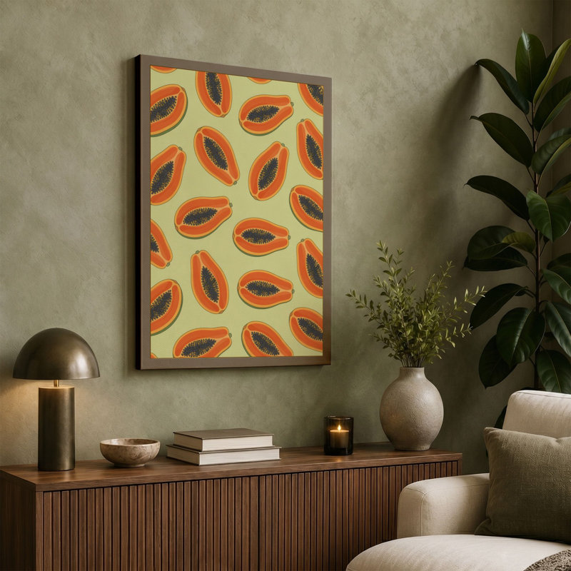 Papaya Halves Retro - Wrapped Canvas, 24x16 - 61.0 x 40.6 cm, Taupe Border