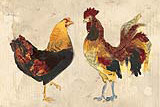 Collage coq et poule - peinture sur toile tendue, H 32 po x l 48 po