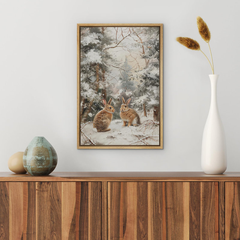 Paisible forêt d'hiver avec adorables lapins bruns dans un paysage enneigé, art moderne chaleureux, H 24 po x l 16 po