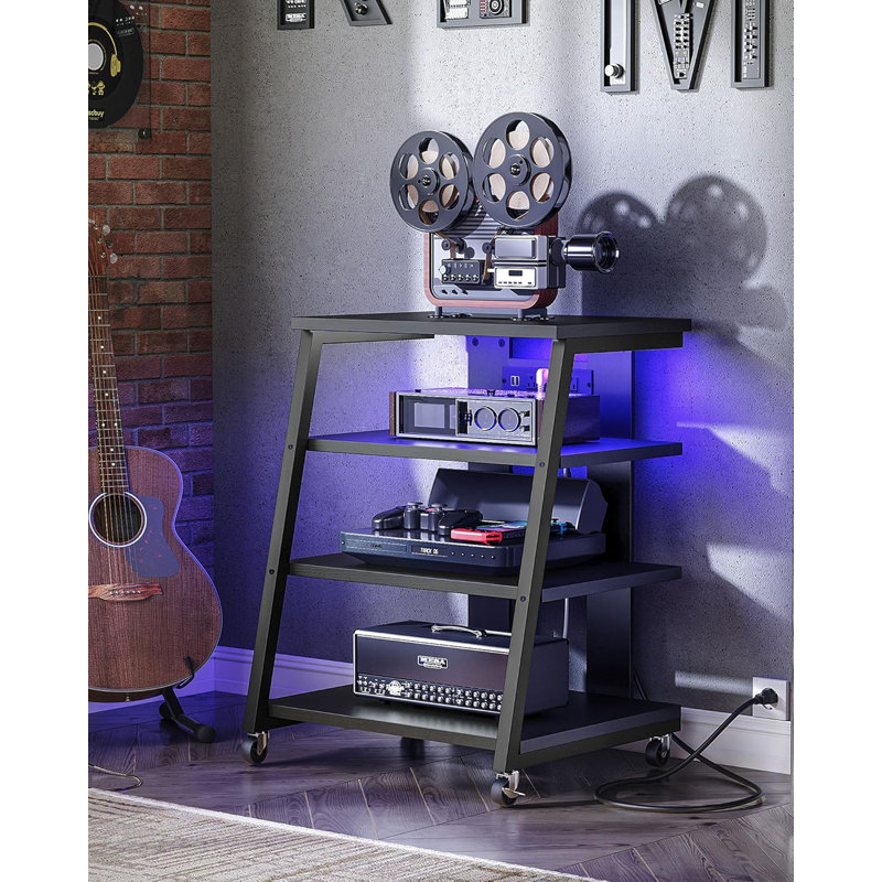 Meuble audio-vidéo à 4 niveaux avec roulettes, supports stéréo, tablette média avec multiprise, lumières DEL