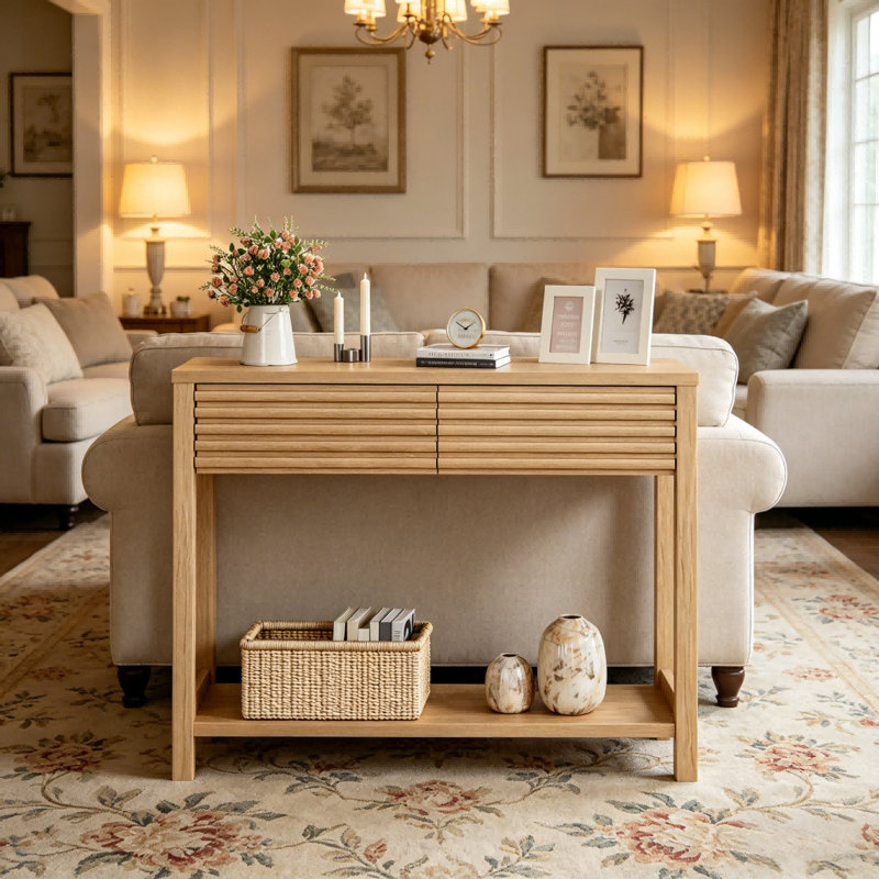 Console cannelée 39,4 "avec tiroirs, table d'entrée étroite avec tablette de rangement, Bois