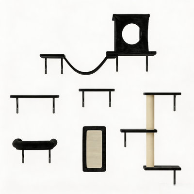 6‑Piece Wall Mounted Cat Shelves Set, Wall Cat Perch Furniture with Cat House, Bridge and Scratching Post for Indoor Cats