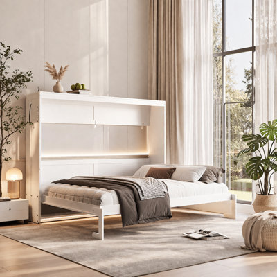 Lit escamotable, conception à pliage latéral peu encombrant, bois, éclairage DEL et port USB, moderne et contemporain, pièce multifonctionnelle
