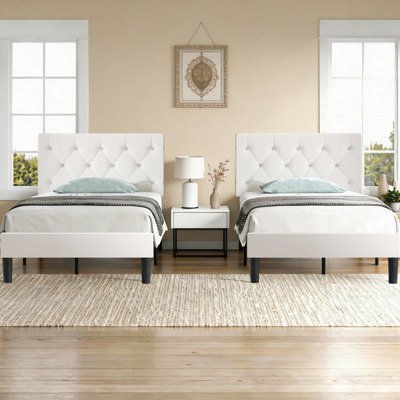 Twin Size Bed Set Of 2 Upholstered Platform With Adjustable Diamond Tufted Headboard