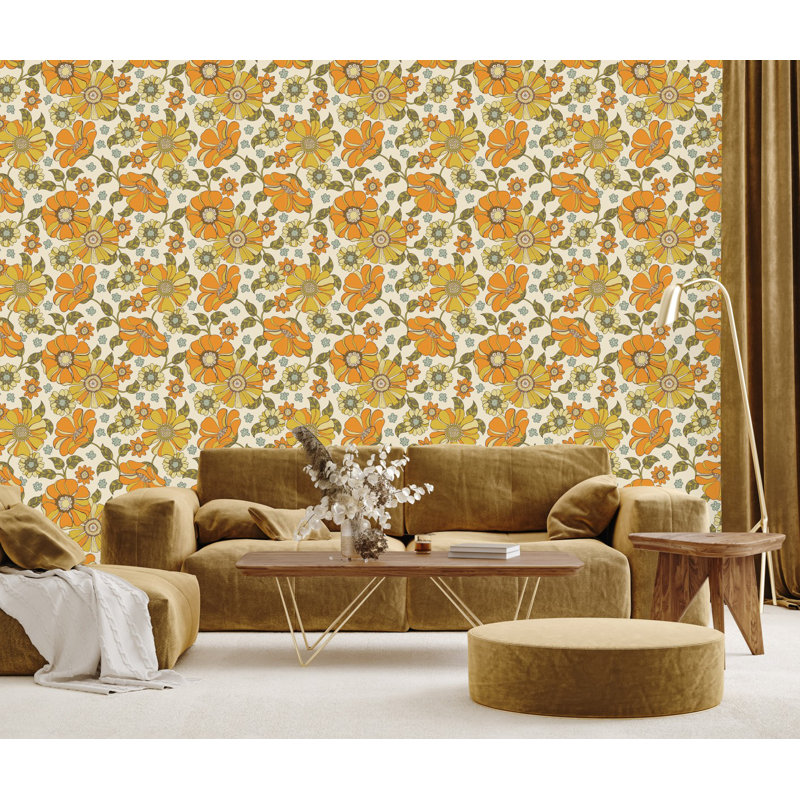 Papier peint à carreaux floraux orange fabriqué aux États-Unis - pelez et collez 125 po x 25 po, L 25 po x L 225 po