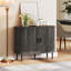 Gray louvered door sideboard with steel legs, mid-century modern style storage cabinet