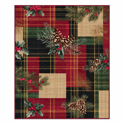Tapis de couloir de Noël à motif écossais de Noël, tapis de couloir de vacances en velours perle pliable avec pomme de pin et imprimé de houx antidérapant Tapis de sol festif à envers TPR