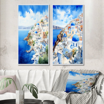 Village côtier de Santorin en Grèce I - Grèce, ensemble de 2 impressions sur toile